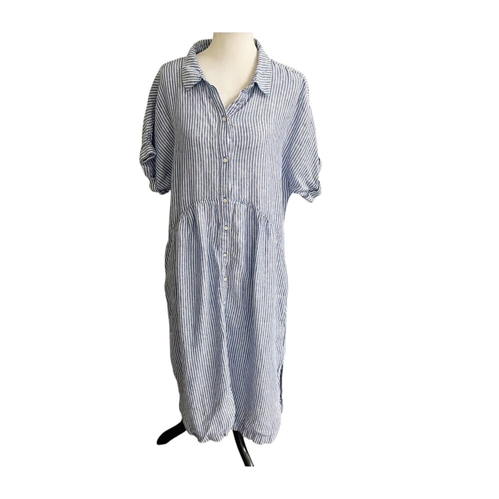 Talbots Shirt Dress Women's XL Blue White Striped 100% Linen Button Front Preppy
